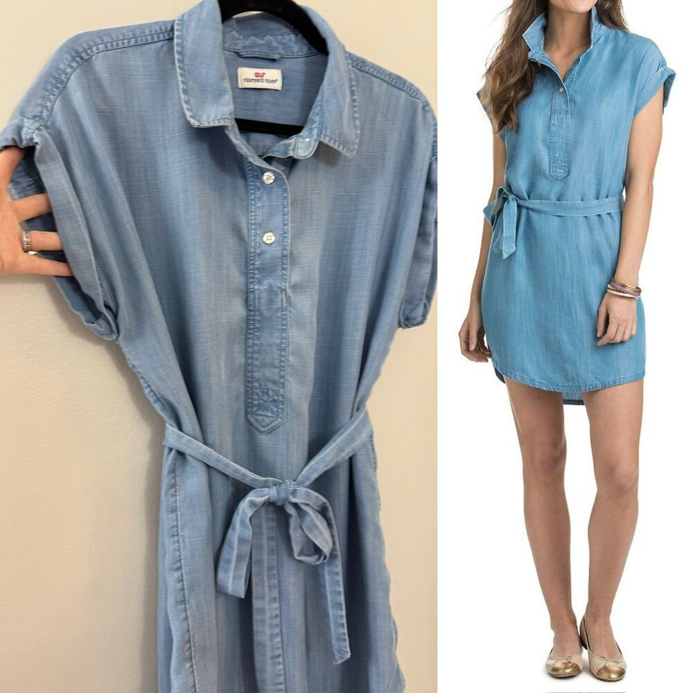 Vineyard Vines Minimalist Preppy Coastal Blue Chambray Tie Waist Shirt Dress M